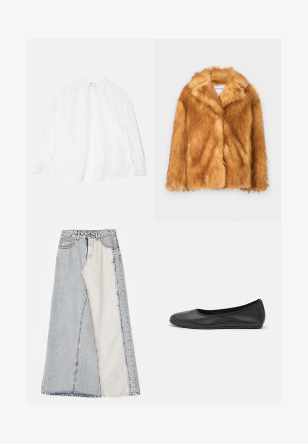 Krótki brązowy płaszcz z sztucznego futra z szerokim kołnierzem, otwartym przodem oraz miękką, teksturowaną powierzchnią, o regularnym kroju i bez widocznych zapięć.; Biała bluzka z długimi, marszczonymi rękawami, z wiązanym dekoltem i luźnym fasonem. Posiada lekko teksturowany materiał oraz elastyczne mankiety.; Spódnica dżinsowa z wzorem patchworkowym z jasnoniebieskimi i średnioniebieskimi sekcjami, postrzępionymi brzegami i wysokim stanem. Klasyczny fason z pięcioma kieszeniami.; Czarne skórzane baletki z zaokrąglonym noskiem, gładką fakturą, minimalnymi przeszyciami i elastycznym designem podeszwy.