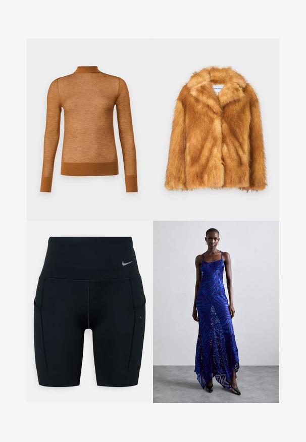 Kurzer brauner Kunstfellmantel mit breitem Kragen, offenem Vorderteil und einer weichen, strukturierten Oberfläche, in regulärer Passform und ohne sichtbare Verschlüsse.; Braunes langärmliges Oberteil aus leichtem Material mit hohem Kragen und gerippten Bündchen. Die Textur wirkt glatt und leicht transparent.; Ärmelloses Rollkragenoberteil in grün und dunkelblauem Muster, mit einem strukturierten, organischen Design. Weicher Stoff mit einem lockeren Schnitt.; Schwarze hochtaillierte Sportshorts aus dehnbarem Material; verfügt über Seitentaschen und ein kleines Nike-Logo am Bund.; Maxikleid im blauen und lila Tiermuster mit dünnen Trägern, einem taillierten Oberteil, ausgestelltem Saum und transparenten Überlagerungen.