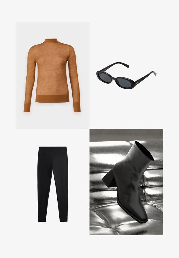 Kratka rjava plašč iz umetnega krzna, ki ima širok ovratnik, odprto spredaj ter mehak, teksturiran površinski material s siceršnjo prilegajočo se postavo in brez vidnih zapiranj.; Rjav dolg rokav top iz lahkega materiala z visokim ovratnikom in rebrastimi manšeti. Tekstura je videti gladka in nekoliko prosojna.; Črne legice iz gladkega, raztegljivega blaga. Imajo širok pas in zožen dizajn nog, primeren za aktivno ali vsakodnevno nošenje.; Črne gležnjarje iz sijočega materiala s kvadratnim prstom in zoženim peto, postavljene na sijoče srebrno oblazinjeno ozadje.; Črne oversize sončne očala z ovalnimi lečami, gladkim plastičnim okvirjem in zlatenimi detajli na templjih. Temne leče zagotavljajo zaščito pred soncem.; Zign LEATHER - Torbica - dark red