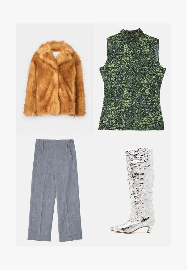 Manteau en fausse fourrure marron court, avec un large col, une coupe ouverte et une surface douce et texturée, au fit régulier et sans fermetures visibles.; Top sans manches à col roulé avec un motif vert et bleu foncé, featuring un design texturé et organique. Tissu doux avec une coupe décontractée.; Pantalons larges gris clair en tissu texturé, avec deux plis avant et deux poches latérales. Design épuré et ajusté.; Botte argentée arrivant à mi-mollet avec une texture froissée, un bout pointu et un petit talon. Fabriquée en matériau brillant avec une surface réfléchissante.