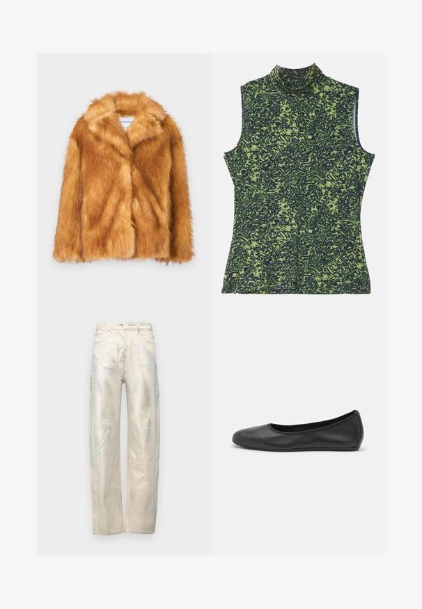 Kort brun faux fur-kappa med bred krage, öppen front och en mjuk, strukturerad yta med vanlig passform och utan synliga knäppningar.; Ärmlös polokrage-topp i grönt och mörkblått mönster, med en texturerad, organiskt design. Mjukt tyg med avslappnad passform.; Ljusbeige vida jeans med metallisk lyster, tillverkade av denim med en slät textur och standard femfickorsdesign.; Svart läderballerinaskor med rund tå, slät yta, minimala söm detaljer och en flexibel sula.