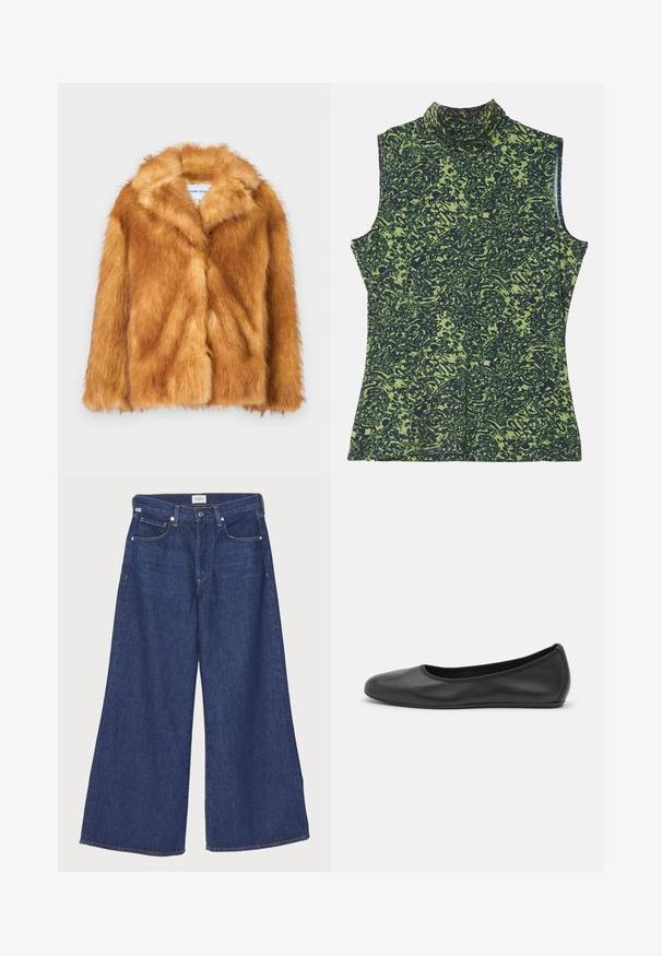 Īss brūns mākslīgās kažokādas mētelis ar plašu apkakli, atvērtu priekšu un mīkstu, teksturētu virsmu, ar regulāru piegriezumu un bez redzamām aizdaru iespējām.; Zaļa un tumši zilā raksta bezpieces tērps ar augstu apkakli, ar teksturētu, organisku dizainu. Mīksta auduma, brīva piegriezuma.; Citizens of Humanity BEVERLY SLOUCH IN UNVEIL - Brīva piegriezuma džinsi -
dark-blue denim; Melna ādas baleta kurpe ar noapaļotu purngalu, gludu tekstūru, minimālu šuvju detalizāciju un elastīgu zoles dizainu.