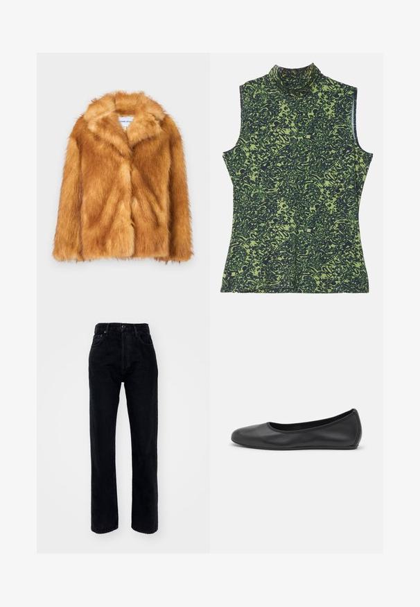Abrigo corto de piel sintética marrón con un amplio cuello, diseño abierto y una superficie suave y texturizada, con un ajuste regular y sin cierres visibles.; Top sin mangas de cuello alto en un patrón verde y azul oscuro, con un diseño texturizado y orgánico. Tejido suave con un ajuste relajado.; Vaqueros de mezclilla negros de talle alto con un diseño de pierna recta, que cuentan con cinco bolsillos, trabillas y un cierre de botón en la cintura.; Bailarina de piel negra con punta redondeada, textura suave, detalle de costura minimalista y diseño de suela flexible.