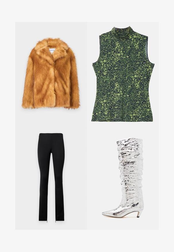 Krátky hnedý kabát z umelého kožúšku s širokým golierom, otvoreným predným dielom a jemným, štruktúrovaným povrchom s regulárnym strihom a bez viditeľných zapínaní.; Halenka bez rukávov s vysokým golierom v zelenej a tmavomodrej farbe, s textúrovaným, organickým vzorom. Mäkká tkanina s voľným strihom.; Čierne, priliehavé legíny s hladkou textúrou, s vysokým pásom a zipsami na členkoch pre jednoduché obliekanie. Jednoduchý, minimalistický dizajn.; Strieborná čižma po kolená s mierne zvrásnenou textúrou, špicatou špičkou a nízkym podpätkom. Vyrobená z lesklého materiálu s reflektívnym povrchom.