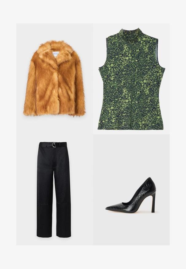 Krátký hnědý kožich z umělé kožešiny s širokým límcem, otevřeným předním dílem a měkkým, texturovaným povrchem s běžným střihem a bez viditelných zapínání.; Top bez rukávů s rolákem v zeleném a tmavě modrém vzoru, který má texturovaný, organický design. Měkká látka s uvolněným střihem.; Černé kalhoty s širokým střihem a texturovaným povrchem, které mají pásek se stříbrnou kulatou sponou a minimální švy.; Černý lodičkový bot s špičatou špičkou, pokrytý texturou krokodýlí kůže, s elegantním designem, vysokým stiletto podpatkem a hladkým černým interiérem.