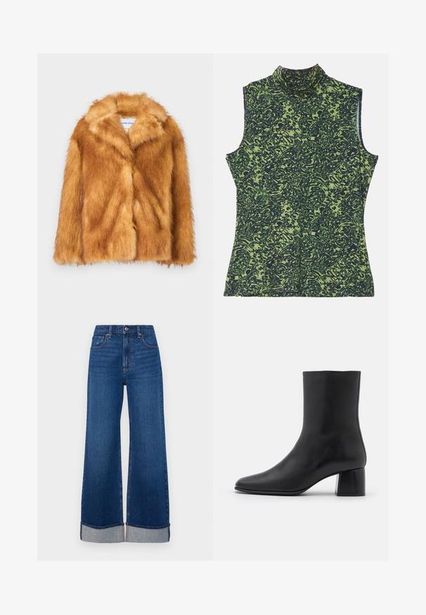 Lühike pruun künstlikarvane jope, millel on lai krae, avatud esiosa ja pehme, tekstuuriga pind, regulaarne lõige ning nähtamatud kinnitused puuduvad.; Roheline ja tume sinine muster, ilma varrukateta kõrge kaelusega top, millel on tekstuuriline, orgaaniline disain. Pehme kangas ja mugav lõige.; Abercrombie & Fitch HEM 90S RELAXED - Avar lõikega teksad - dark blue denim; Must musta ankle boot terava nina ja turske ruudukujulise kontsaga. Sile tekstuur, sujuv disain ja minimaalne õmblus.