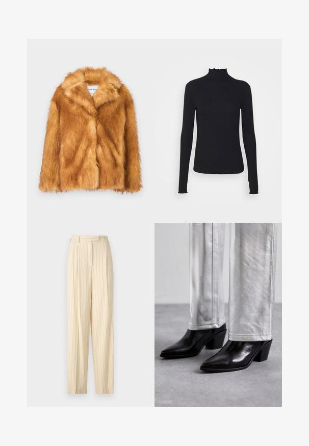 Trumpas rudas dirbtinio kailio švarkas su plačiu apykakle, atvira priekiu ir minkšta, tekstūruota paviršiumi, reguliaraus kirpimo ir be matomų užsegimų.; Juodas ilgomis rankovėmis turtleneko tipo viršus, pagamintas iš lygaus audinio, su raukšlėtu kaklu ir prigludusia siluetu, turinčiu paprastus kraštus.; Smėlio spalvos švarkeliai su aukšta juosmens linija, su klostėmis ir tiesiomis kojomis. Pagaminti iš lygaus audinio su pritaikyta apdaila.; Juodos odinės aulinės botai su smailiu pirštu ir blokuotu kulnu, derinami su blizgiais sidabro spalvos kelnėmis, atskleidžiančiais glotnias tekstūras ir kontrastingas spalvas.
