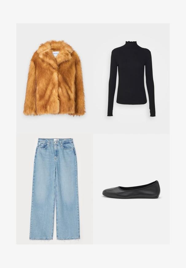 Rövid barna műszőrme kabát széles gallérral, nyitott elülső résszel és puha, texturált felülettel, normál fazonnal és látható záródás nélkül.; Fekete, hosszú ujjú, garbós felső sima anyagból, fodros gallérral és illeszkedő sziluettel, egyszerű élekkel.; Világoskék, bő szárú farmernadrág, amely díszített, rojtos alsó széllel, klasszikus öt zsebes kialakítással és gombos derékzárral rendelkezik.; Fekete bőr balettcipő lekerekített orral, sima tekstúrával, minimális varrással és rugalmas talp kialakítással.