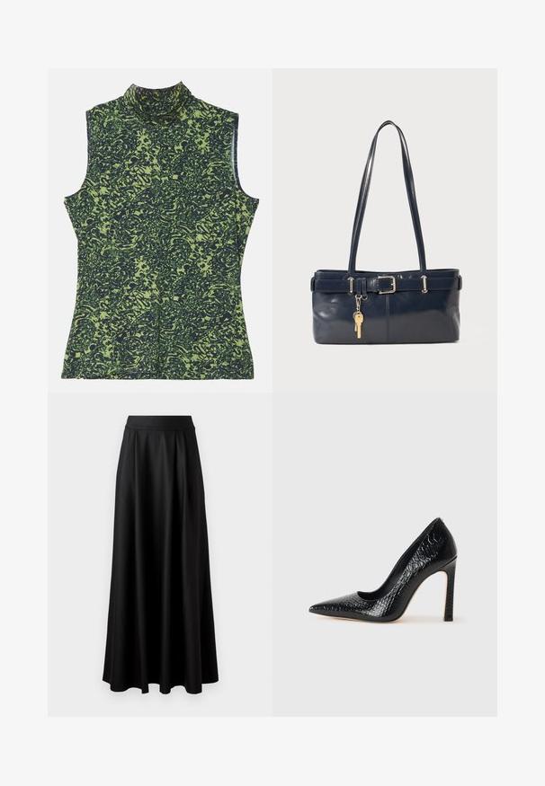 Kratki smeđi kaput od umjetnog krzna s širokim ovratnikom, otvorenim prednjim dijelom i mekom, teksturiranom površinom, regularnog kroja i bez vidljivih kopčanja.; Majica bez rukava s visokim ovratnikom u zelenoj i tamnoplavoj kombinaciji, s teksturiranim, organskim motivom. Mekana tkanina s opuštenim krojem.; Crna suknja do poda s glatkom teksturom, širokim pojasom i nabranim dizajnom, bez vidljivih uzoraka ili ukrašavanja.; Crne visoke potpetice s oštrim prstima, od teksture krokodilske kože, elegantnog dizajna, visoke stiletto potpetice i glatkog crnog unutrašnjosti.; Morska kožna torbica s dva duga ramena, detaljem kopče i privjeskom za ključeve. Ima glatku teksturu i pravokutni oblik.