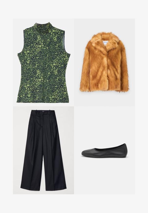 Palton scurt din blană sintetică maro, cu un guler larg, față deschisă și o suprafață moale și texturată, cu o croială normală și fără închideri vizibile.; Top fără mâneci cu guler înalt, în model verde și albastru închis, având un design texturat, organic. Material moale cu o croială lejeră.; Pantaloni negri cu picioare late, confecționați dintr-un material neted, având talie înaltă, plii și un design croitorie. Accesorii simple negre la talie.; Balerini din piele neagră, cu vârf rotund, textură netedă, detalii de cusătură minimale și un design al tălpii flexibil.