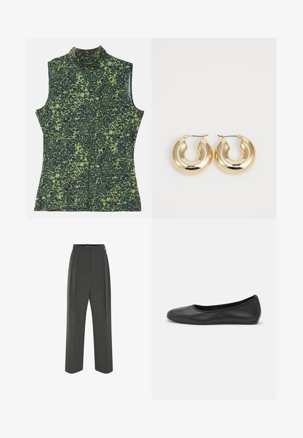 Īss brūns mākslīgās kažokādas mētelis ar plašu apkakli, atvērtu priekšu un mīkstu, teksturētu virsmu, ar regulāru piegriezumu un bez redzamām aizdaru iespējām.; Zaļa un tumši zilā raksta bezpieces tērps ar augstu apkakli, ar teksturētu, organisku dizainu. Mīksta auduma, brīva piegriezuma.; Pelēki pielāgoti bikses ar augstu jostasvietu, ar krokām, plašu kāju dizainu un gludu tekstūru. Aizdara ar diskretu rāvējslēdzēju.; Melna ādas baleta kurpe ar noapaļotu purngalu, gludu tekstūru, minimālu šuvju detalizāciju un elastīgu zoles dizainu.; Zelta pīrsinga auskari ar gludu, noapaļu dizainu un spīdīgu apdari, ar aizdari drošai piestiprināšanai. Iegravēti ar "DKNY."