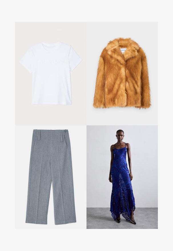 Kratka rjava plašč iz umetnega krzna, ki ima širok ovratnik, odprto spredaj ter mehak, teksturiran površinski material s siceršnjo prilegajočo se postavo in brez vidnih zapiranj.; Bela bombažna majica s kratkimi rokavi, ki se ponaša z diskretno vtisnjenim logotipom "HELMUT LANG" na prsih. Okrugel ovratnik, gladka tekstura.; Svetlo sivi, široki hlače iz teksturirane tkanine, ki imajo dve sprednji gubi in že dva stranska žepa. Čist, prilagojen dizajn.; Maxi obleka z živalskim vzorcem v modri in vijolični barvi, s tankimi naramnicami, oprijetim pasom, razširjenim robom in prosojnimi detajli.