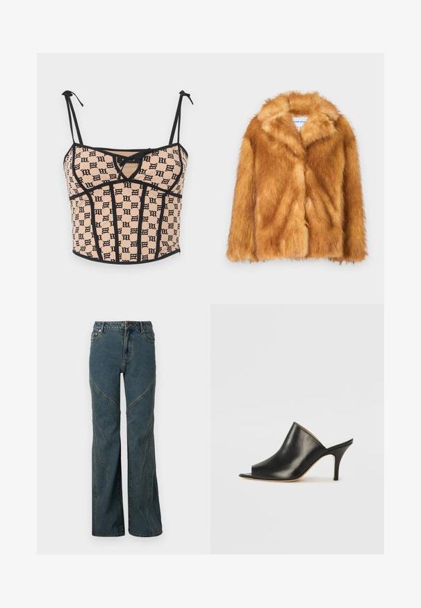 Lyhyt ruskea keinoturkis takki, jossa on leveä kaulus, avoin etuosa ja pehmeä, rakenteellinen pinta. Takki on normaalihko ja siinä ei ole näkyviä kiinnityksiä.; MISBHV MONOGRAM COQUETTE CORSET - Toppi - beige/black; Sininen farkkukangas, jossa on leveä lahkeiden malli, kaarrellut saumat ja standardi viisi-taskuinen tyyli. Viimeistelemätön helma alareunassa.; Musta nahkainen avot Gap, jossa on virtaviivainen, kaareva muotoilu, korkea stiletto-korko ja sileä pinta. Sisäpuoli on kontrastivärinen vaaleampi sävy.