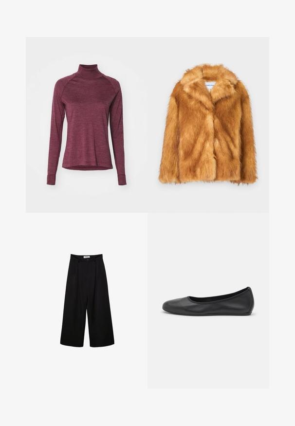 Kort brun kunstpelsjakke med bred krave, åben front og en blød, struktureret overflade med en regulær pasform og uden synlige lukninger.; Burgunderrød langærmet turtleneck skjorte med raglanærmer og en blød tekstur. Har en rundet kant og tætsiddende manchetter.; Sorte brede bukser med høj talje, plisseret front og knaplukning. Lavet af glat stof med en skræddersyet design.; Sort læderballetsko med rund tå, glat tekstur, minimal syning og et fleksibelt såldesign.
