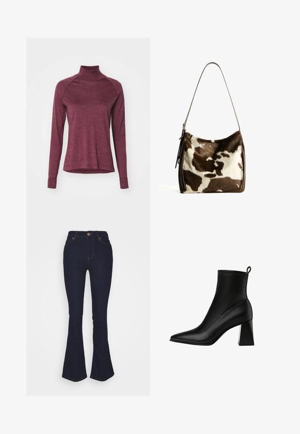 Manteau en fausse fourrure marron court, avec un large col, une coupe ouverte et une surface douce et texturée, au fit régulier et sans fermetures visibles.; Chemise turtleneck à manches longues bordeaux avec des manches raglan et une texture douce. Présente un ourlet arrondi et des poignets ajustés.; Marks & Spencer Eva - Jean bootcut - blue denim; Stradivarius STRETCH - Bottines - black; Sac à épaule en cuir de vachette brun et crème avec une sangle en cuir lisse, fermeture zippée et une surface douce et texturée présentant un motif naturel.