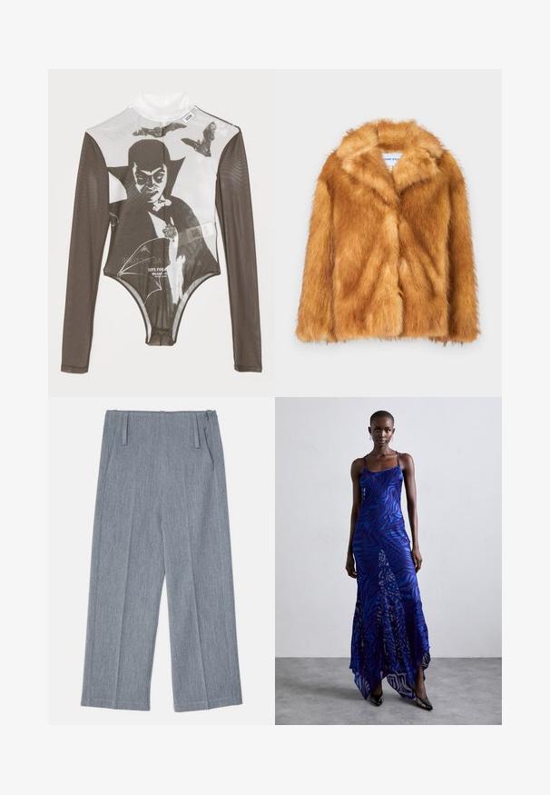 Short brown faux fur coat featuring a wide collar, open front, and a soft, textured surface with a regular fit and no visible fastenings.; GCDS DRACULA - Long sleeved top - mix; Light gray, wide-leg trousers made of textured fabric, featuring two front pleats and two side pockets. Clean, tailored design.; Blue and purple animal print maxi dress with thin straps, a fitted bodice, flared hem, and sheer overlay detailing.