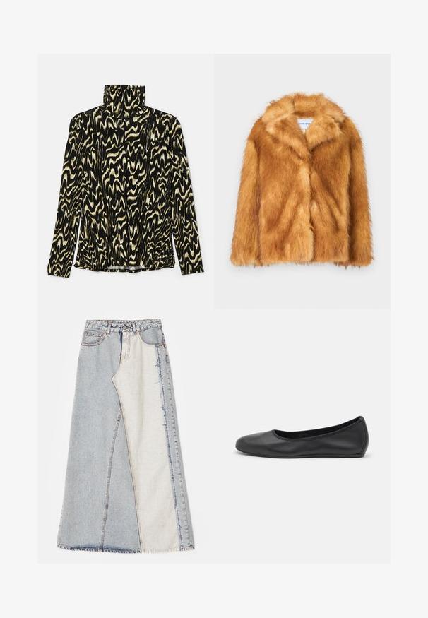 Short brown faux fur coat featuring a wide collar, open front, and a soft, textured surface with a regular fit and no visible fastenings.; Black and cream patterned long-sleeve top with a high collar, made from a smooth, stretchy fabric featuring a wavy, abstract design.; Denim skirt featuring a patchwork design with light and medium blue sections, frayed hems, and a high waist. Classic five-pocket style.; Black leather ballet flat with a rounded toe, smooth texture, minimal stitching detail, and a flexible sole design.