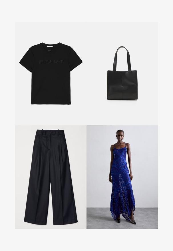 Palton scurt din blană sintetică maro, cu un guler larg, față deschisă și o suprafață moale și texturată, cu o croială normală și fără închideri vizibile.; Tricou negru din bumbac, cu guler rotund și mâneci scurte, având inscripția "HELMUT LANG" embosată pe față într-un design asortat.; Pantaloni negri cu picioare late, confecționați dintr-un material neted, având talie înaltă, plii și un design croitorie. Accesorii simple negre la talie.; Rochie maxi cu imprimeu de animale în nuanțe de albastru și violet, cu bretele subțiri, corset strâns, tiv evazat și detalii de voal transparent.; Geantă tote din piele neagră, cu două mânere, formă rectangulară, textură netedă și design cu panouri cusute. Fără accesorii metalice sau accente suplimentare.