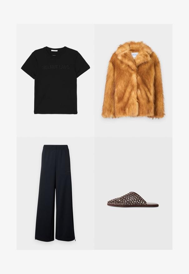 Kurzer brauner Kunstfellmantel mit breitem Kragen, offenem Vorderteil und einer weichen, strukturierten Oberfläche, in regulärer Passform und ohne sichtbare Verschlüsse.; Schwarzes Baumwoll-T-Shirt mit Rundhalsausschnitt und kurzen Ärmeln, mit dem Schriftzug "HELMUT LANG" in passendem Design auf der Vorderseite geprägt.; Schwarze, weit geschnittene Netz-Hosen mit elastischem Bund und kleinen Reißverschlüssen an den Säumen, vor einem weißen Hintergrund präsentiert.; Braune gewobene Rutsch-Sandale mit abgerundeter Zehe, offenem Design, flacher Sohle und texturierter Oberfläche. Leichtes Material und minimalistisches Silhouette.