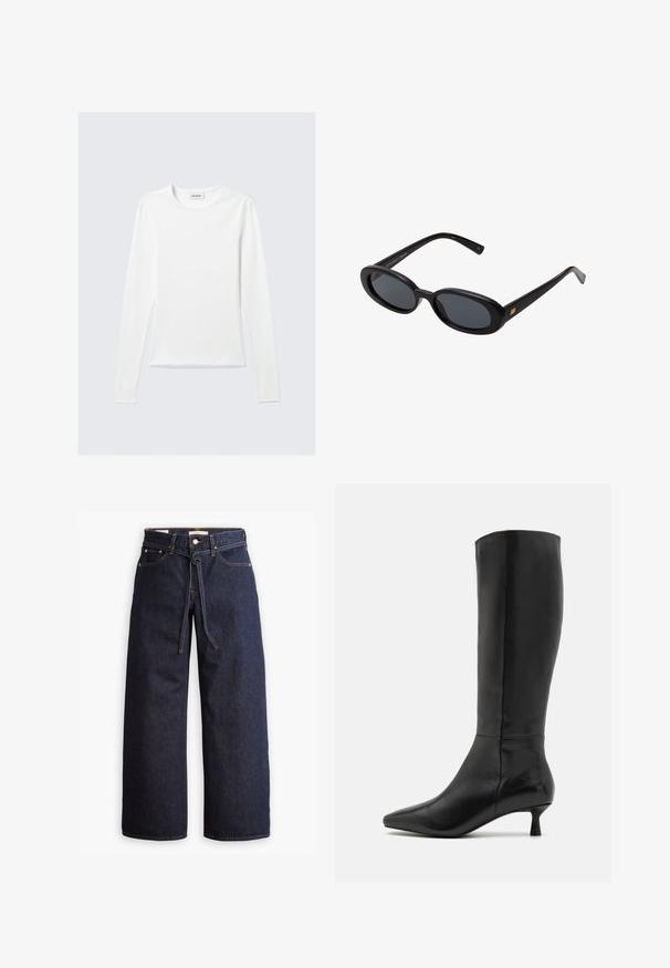 Short brown faux fur coat featuring a wide collar, open front, and a soft, textured surface with a regular fit and no visible fastenings.; Long-sleeve white crew neck T-shirt with a "WEEKDAY" label on the inside collar, laid flat on a light gray background.; Wide-leg dark blue denim jeans with a high waist, featuring a drawstring tie, five pockets, and contrasting stitching details.; Zign Boots - black; Black oversized sunglasses with oval lenses, smooth plastic frame, and gold accents on temple. Dark lenses provide sun protection.; Black leather tote bag with two handles, rectangular shape, smooth texture, and stitched panel design. No hardware or additional accents.