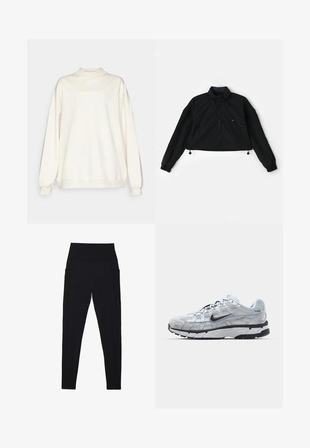 Giacca nera cropped con un colletto alto, chiusura con zip frontale e polsini elastici. Dotata di cordoncini sul fondo e tasche laterali con chiusura a zip.; Sweatshirt color crema con un collo alto, spalle abbassate e maniche lunghe. Presenta la parola "Fabletics" in caratteri chiari sulla parte frontale.; Canotta nera corta con tessuto liscio ed elastico, spalline larghe e scollo quadrato con dettagli di cuciture minime.; Leggings neri con una vita alta a coste, design senza cuciture, tasche laterali e una texture liscia su tutta la superficie.; Sneakers Nike P-6000 con una toma superiore in mesh grigio chiaro, accenti neri e una resistente suola in gomma nera. Dotati di un design intricato e di un sistema di allacciatura.