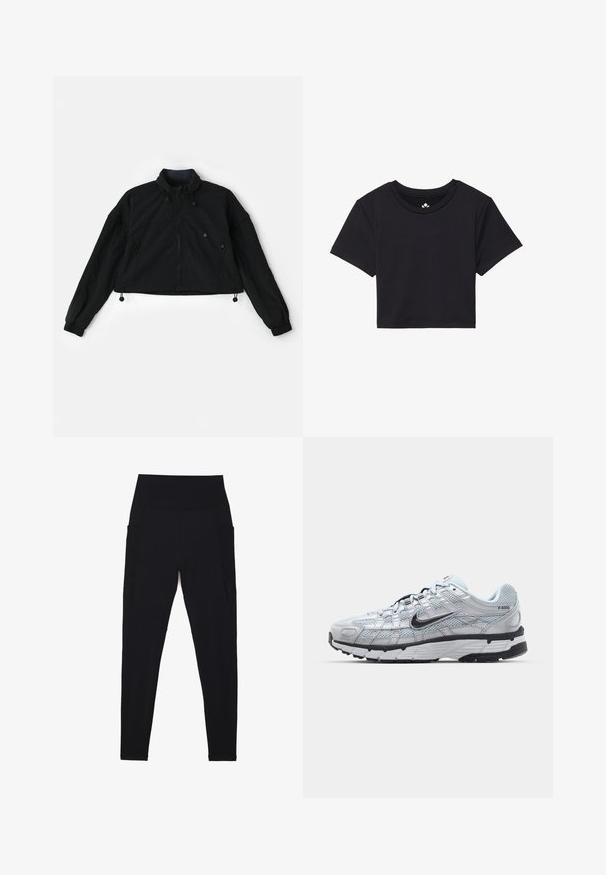 Musta lyhyt takki, jossa on korkea kaulus, vetoketjukiinnitys ja elastiset hihat. Takissa on naruhelma ja sivutaskut vetoketjukiinnityksellä.; Musta lyhythihainen croppitoppi, jossa on pyöreä kaula-aukko ja sileä kangas. Minimalistinen muotoilu, ilman näkyviä kuvioita tai koristuksia.; Mustat leggingsit, jotka on valmistettu joustavasta kankaasta, korkealla ribatulla vyötäröllä. Vaatteessa on sivutaskut ja saumaton muotoilu mukavuutta varten.; Nike P-6000 tennarit, joissa on vaaleanharmaa verkkomateriaali, mustia yksityiskohtia ja kestävä musta kumipohja. Ominaisuuksia ovat monimutkainen muotoilu ja nauhoitusjärjestelmä.