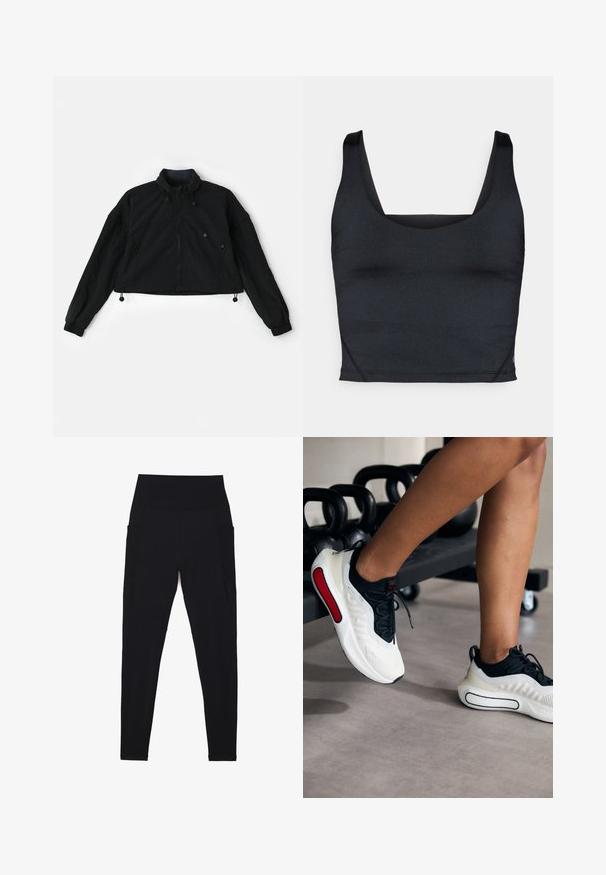 Melna īsā jaka ar augstu apkakli, ar rāvējslēdzēju priekšpusē un elastīgām aprocēm. Iezīmēta ar aukliņām apakšmalā un sānu kabatām ar rāvējslēdzēja aizdari.; Melnas krāsas īss topiņš ar gludu, elastīgu audumu, platām plecu lencēm un kvadrātveida izgriezumu ar minimālām šūšanas detaļām.; Melnas legingu bikses, kas izgatavotas no elastīga auduma ar augstu ribotu jostasvietu. Iezīmē sānu kabatas un šuvju trūkumu, lai nodrošinātu komfortu.; Baltas un melns sporta apavi ar teksturētu augšdaļu, apaļu purngalu, melnām auklām un sarkanu akcents malā, novietoti blakus kettlebelliem.