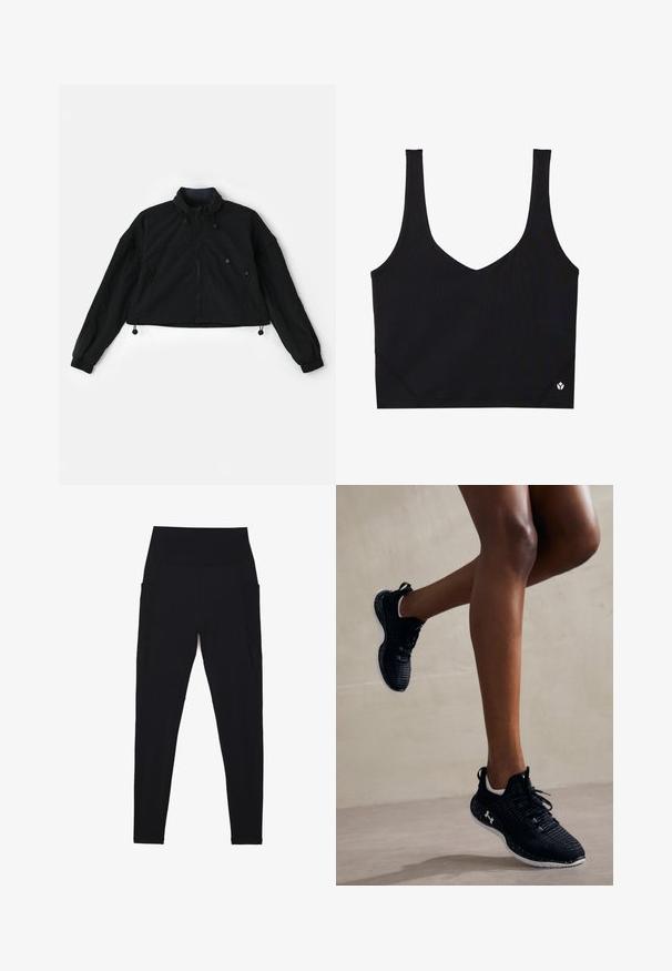 Melna īsā jaka ar augstu apkakli, ar rāvējslēdzēju priekšpusē un elastīgām aprocēm. Iezīmēta ar aukliņām apakšmalā un sānu kabatām ar rāvējslēdzēja aizdari.; Melnā sporta krūšturis ar platām siksnām, V-veida dizains, teksturēta auduma materiāls un logo detaļa apakšmalā. Gluda apdare, minimālisma stils.; Melnas legingu bikses, kas izgatavotas no elastīga auduma ar augstu ribotu jostasvietu. Iezīmē sānu kabatas un šuvju trūkumu, lai nodrošinātu komfortu.; Melni sporta apavi ar teksturētu virsmu, baltiem akcentiem un raibiem zoli, piedāvājot saišu un mīkstinātu dizainu atbalstam.