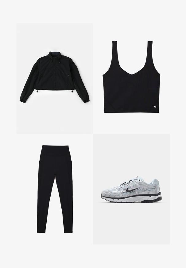 Black cropped jacket with a high collar, zip front, and elastic cuffs. Features drawstrings at the hem and side pockets with zip closures.; Black sports bra with wide straps, a V-neck design, textured fabric, and logo detail at the hem. Smooth finish, minimalist style.; Black leggings made from stretchy fabric with a high, ribbed waistband. Features side pockets and seamless design for comfort.; Nike P-6000 sneakers with a light grey mesh upper, black accents, and a durable black rubber sole. Features intricate design and lacing system.