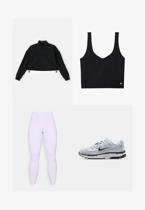 Giacca nera cropped con un colletto alto, chiusura con zip frontale e polsini elastici. Dotata di cordoncini sul fondo e tasche laterali con chiusura a zip.; Top sportivo nero con spalline larghe, design a V, tessuto testurizzato e dettaglio del logo all'orlo. Finitura liscia, stile minimale.; Leggings lilla con una vita alta, realizzati in un tessuto elastico e liscio. Design aderente senza motivi o accenti visibili.; Sneakers Nike P-6000 con una toma superiore in mesh grigio chiaro, accenti neri e una resistente suola in gomma nera. Dotati di un design intricato e di un sistema di allacciatura.