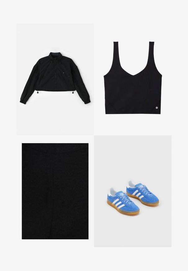 Giacca nera cropped con un colletto alto, chiusura con zip frontale e polsini elastici. Dotata di cordoncini sul fondo e tasche laterali con chiusura a zip.; Top sportivo nero con spalline larghe, design a V, tessuto testurizzato e dettaglio del logo all'orlo. Finitura liscia, stile minimale.; TUSSAH MILLY - Pantaloni - black; Scarpe sportive blu in suede con dettagli bianchi a strisce, suola in gomma e colletto imbottito per il comfort. Presentano un classico design con lacci.