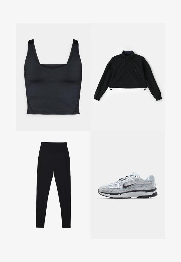 Giacca nera cropped con un colletto alto, chiusura con zip frontale e polsini elastici. Dotata di cordoncini sul fondo e tasche laterali con chiusura a zip.; Canotta nera corta con tessuto liscio ed elastico, spalline larghe e scollo quadrato con dettagli di cuciture minime.; Leggings neri con una vita alta a coste, design senza cuciture, tasche laterali e una texture liscia su tutta la superficie.; Sneakers Nike P-6000 con una toma superiore in mesh grigio chiaro, accenti neri e una resistente suola in gomma nera. Dotati di un design intricato e di un sistema di allacciatura.