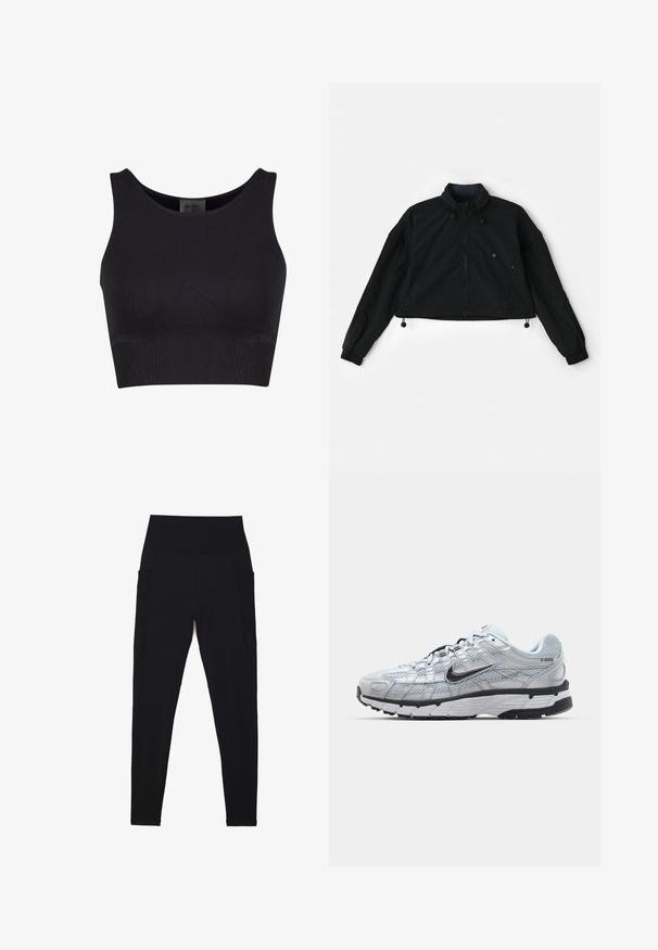 Černá zkrácená bunda s vysokým límcem, zipem vpředu a elastickými manžetami. Zahrnuje šňůrky na spodním lemu a boční kapsy se zipovými uzávěry.; Černý žebrovaný cropped top s kulatým výstřihem a širokými ramínky. Má přiléhavý střih a bezšvové okraje pro větší komfort.; Černé legíny s vysokým žebrovaným pasem, bezešvým designem, bočními kapsami a hladkou texturou po celém povrchu.; Tenisky Nike P-6000 s lehkou šedou síťovinou, černými akcenty a odolnou černou gumovou podrážkou. Vyznačují se složitým designem a systémem šněrování.