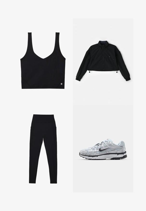 Zwarte cropped jas met hoge kraag, rits aan de voorkant en elastische manchetten. Voorzien van trekkoorden aan de onderkant en zijzakken met rits.; Zwarte sportbeha met brede banden, een V-hals ontwerp, gestructureerde stof en logo detail aan de zoom. Gladde afwerking, minimalistische stijl.; Zwarte legging gemaakt van rekbare stof met een hoge, geribbelde tailleband. Heeft zijzakken en een naadloos ontwerp voor comfort.; Nike P-6000 sneakers met een lichtgrijze mesh bovenkant, zwarte accenten en een duurzame zwarte rubberen zool. Kenmerkt zich door een ingewikkeld ontwerp en vetersysteem.