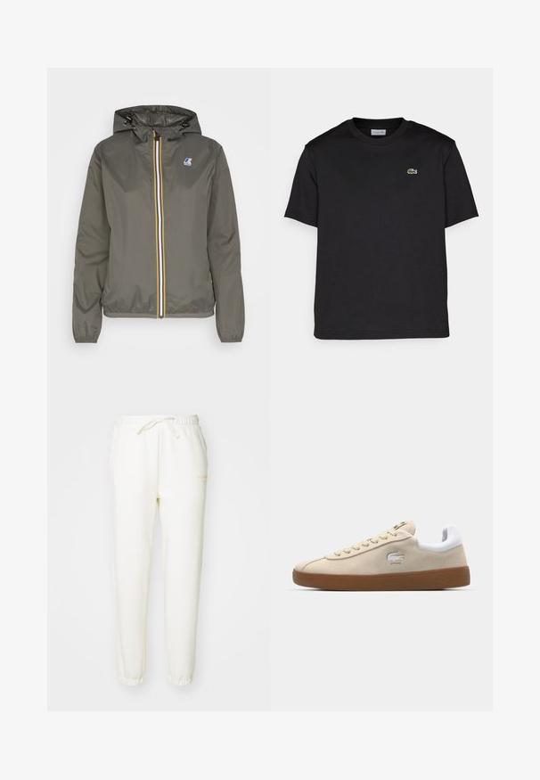 Kerge khaki värvi jope kapuutsiga, millel on valge, sinine ja kollane triip ning lukuga esiosa, samuti rinna peal logoga puhv.; Mustmust värvi puuvillane T-särk ümarate kaelustega, lühikeste varrukatega ja väikese rohelise tikandiga logoga vasakul rinnal. Lihtne disain.; Heledad beezž jogger püksid, mis on valmistatud pehmest kangast. Omavad elastset vööd, millel on nöör ja elastsed pahkluud.; Bež sueded tossud valge naha kanna ja kummist tallaga. Omab paelu ja krokodillide logo küljel. Lihtne disain.