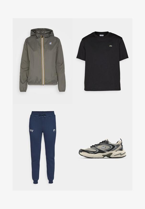 Khaki lightweight jacket with a hood, featuring a zip front with white, blue, and yellow stripes, and a logo patch on the chest.; Black cotton t-shirt with a round neckline, short sleeves, and a small green embroidered logo on the left chest. Simple design.; Navy blue sweatpants made of soft fabric, featuring a drawstring waist, ribbed cuffs, and printed UFC logo on the left side.; Black and cream athletic shoe with a mesh upper, textured details, thick sole, and prominent lacing system. Features the Lacoste logo.