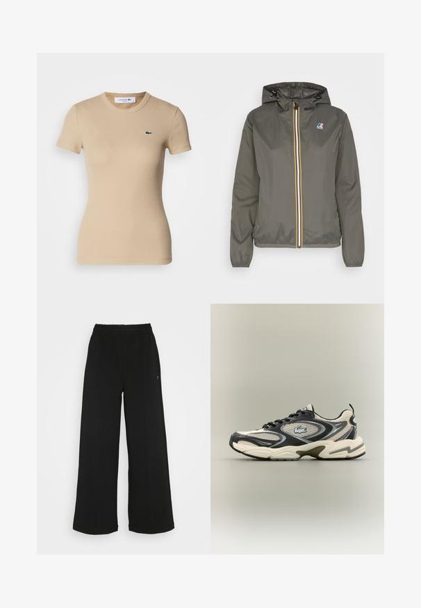 Lett khaki jakke med hette, med glidelås foran som har hvite, blå og gule striper, samt et logo-merke på brystet.; Beige ribbet bomull T-skjorte med korte ermer, rund hals, tettsittende fasong, og en liten grønn Lacoste-logo på venstre bryst.; Svarte vide bukser med elastisk midjebånd. Laget av et mykt og lett materiale. Har vertikale sømmer langs fronten.; Svart og beige mesh joggesko har en polstret krage, teksturert overdel og en fremtredende logo på siden. Strømlinjeformet design med buet såle.