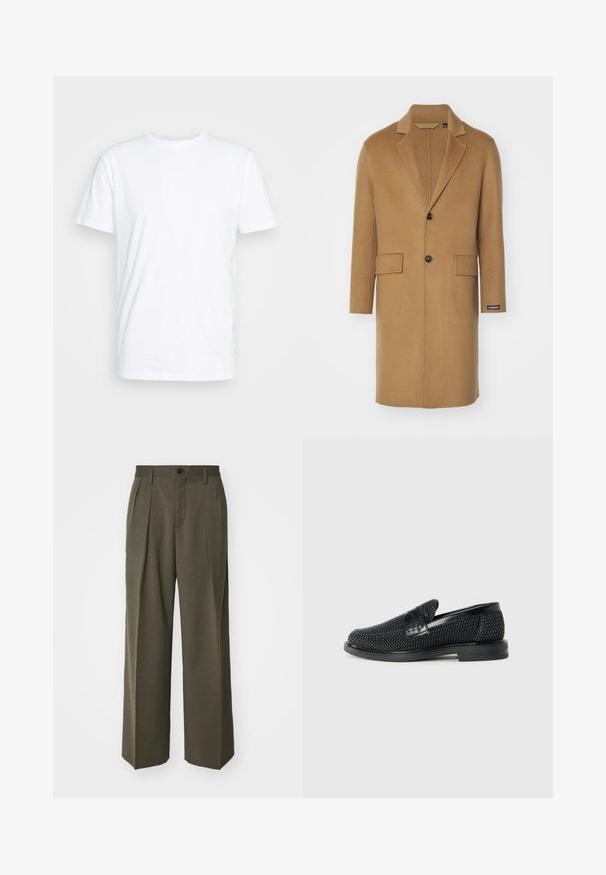Długi płaszcz wełniany w kolorze camel z klapkowym kołnierzem, dwiema przednimi kieszeniami i pojedynczym zapięciem na czarny guzik. Posiada boczną metkę.; Biała bawełniana koszulka z klasycznym okrągłym dekoltem, krótkimi rękawami i gładką fakturą; bez wzorów i widocznych logo.; Filippa K - Spodnie materiałowe; Czarny, pleciony but wsuwany z gładkim skórzanym akcentem na cholewce, o okrągłym nosku i niskoprofilowej gumowej podeszwie.