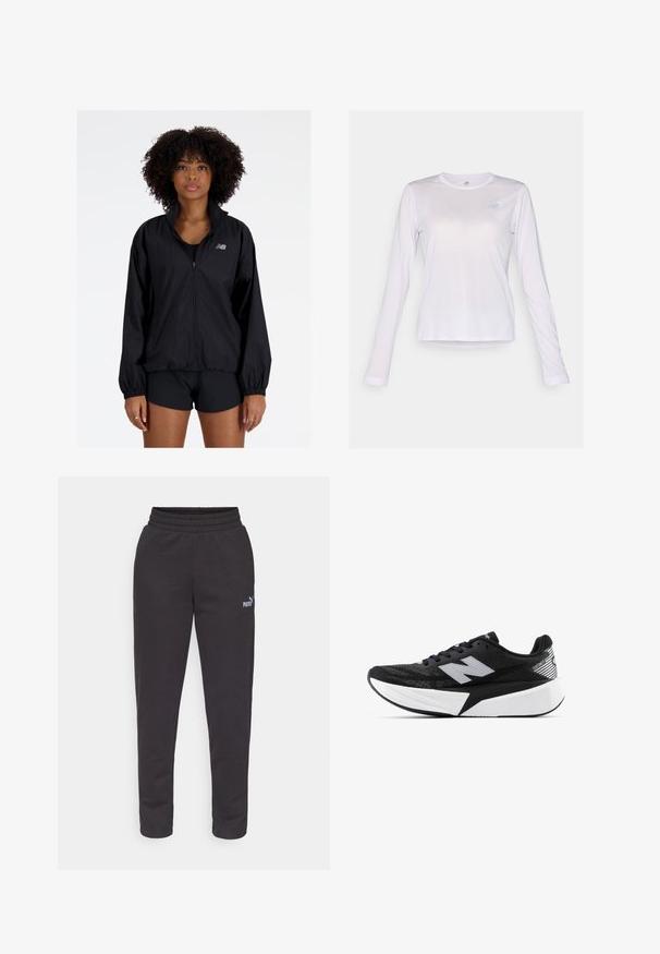 Svart lett jakke med glidelås foran, høy krage, elastiske mansjetter og samlet hem. Har et lite reflekterende logo på brystet.; New Balance ATHLETICS LONG SLEEVE - Topper langermet - taro heather; Svarte joggebukser laget av myk stoff, med elastisk midje, smale ben og en liten hvit Puma-logo på venstre lår.; Svart-og-hvitt New Balance joggesko med tykk såle, mesh-overdel og "N"-logo på siden, sett fra utsiden.