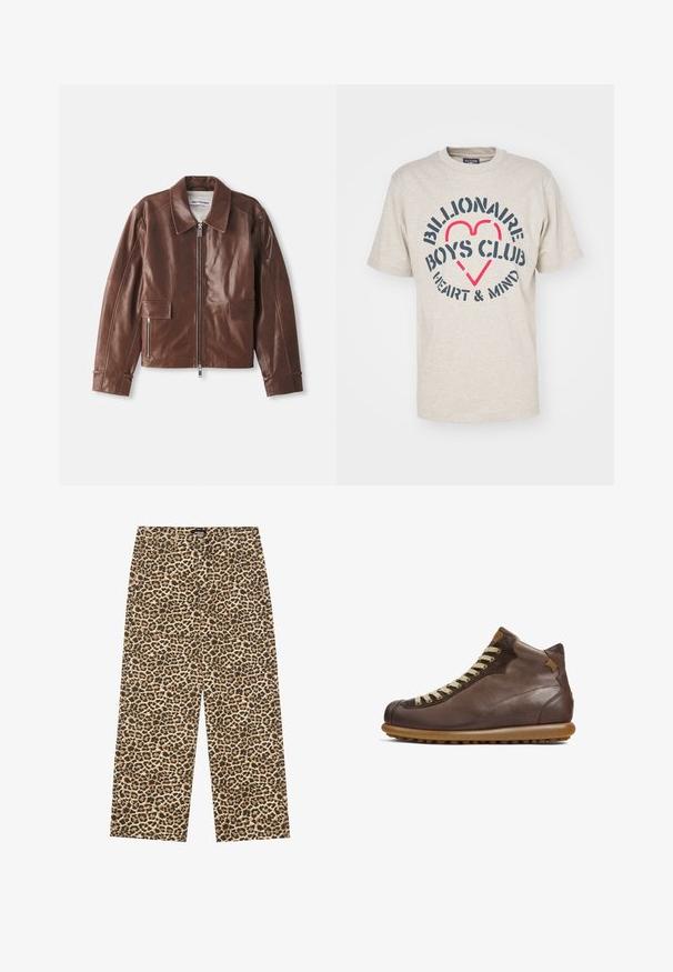 Barna bőr dzseki széles gallérral, cipzáras elülső záródással, két elülső zsebbel és hosszú ujjal, varrási részletezéssel.; Billionaire Boys Club HEART & MIND STENCIL LOGO - Nyomott mintás póló - oat; YOURTURN UNISEX - Laza szabású farmerek - beige/black; Camper PELOTAS ARIEL - Fűzős bokacsizmák - dunkelbraun