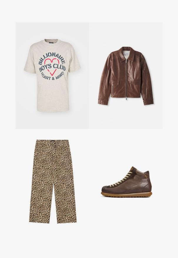 Ruda odinė striukė su plačiu apykakle, užtrauktuku priekyje, dviem priekinėmis kišenėmis ir ilgomis rankovėmis su siuvinėjimu.; Billionaire Boys Club HEART & MIND STENCIL LOGO - Marškinėliai su spaudiniu - oat; YOURTURN UNISEX - Laisvo kirpimo džinsai - beige/black; Camper PELOTAS ARIEL - Suvarstomi aulinukai - dunkelbraun