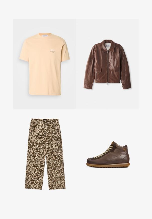 Braune Lederjacke mit breitem Kragen, Reißverschluss vorne, zwei Vordertaschen und langen Ärmeln mit Nähdetails.; Pfirsichfarbendes Baumwoll-T-Shirt mit kurzen Ärmeln, das ein kleines weißes Grafikdesign und Text auf der linken Brustseite zeigt. Einfacher Rundhalsausschnitt.; YOURTURN UNISEX - Jeans Relaxed Fit - beige/black; Camper PELOTAS ARIEL - Schnürstiefelette - dunkelbraun
