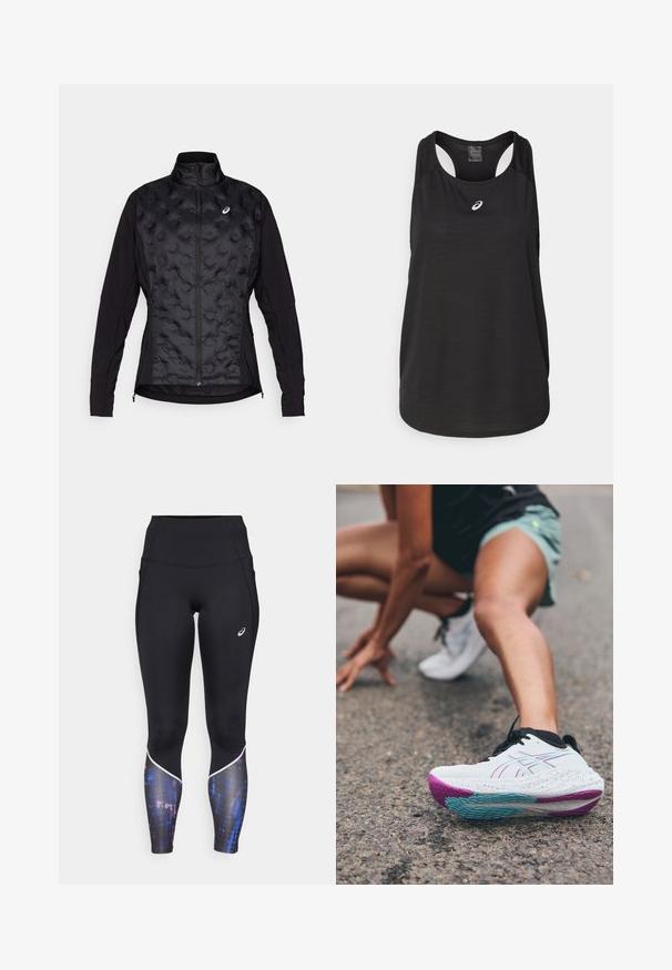 Black jacket with a puffy, textured front and smooth sleeves. Features a high collar and zip closure, designed for warmth and flexibility.; Black athletic tank top made of lightweight fabric. Features a round neckline, racerback design, and a small white logo on the front.; High-waisted black leggings with a fitted design, featuring a colorful patterned accent at the lower legs and white trim along the seams.; ASICS GEL-NIMBUS 26 - Road running shoes - white/soothing sea