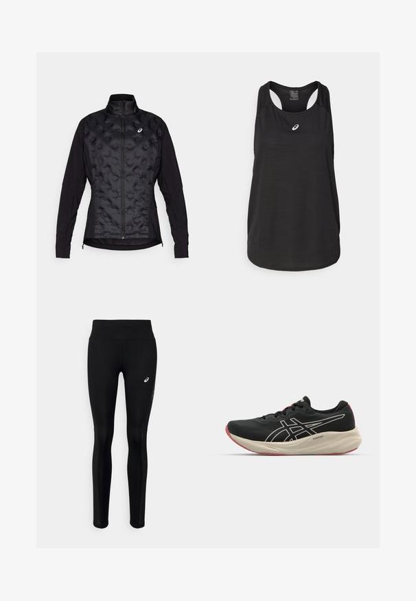 Veste noire avec un devant matelassé et texturé et des manches lisses. Dispose d'un col haut et d'une fermeture éclair, conçue pour la chaleur et la flexibilité.; Débardeur de sport noir en tissu léger. Présente un col rond, un design dos nageur et un petit logo blanc à l'avant.; Leggings de sport noirs avec une taille haute, texture lisse et accents réfléchissants sur les côtés pour plus de visibilité. Logo à l'avant.; Chaussure de course noire avec un dessus en maille et des accents blancs. Caractéristiques d'une semelle intermédiaire rembourrée et d'un détail de semelle extérieure rouge. Design léger.