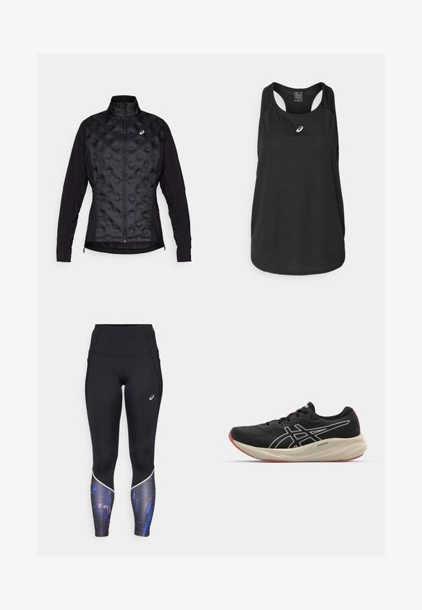 Črna jakna z nabranim, teksturiranim sprednjim delom in gladkimi rokavi. Ima visok ovratnik in zadrgo, zasnovana za toploto in fleksibilnost.; Črn atletski top brez rokavov, izdelan iz lahkega materiala. Ima okroglo ovratnico, obliko racerback in majhen beli logotip na sprednji strani.; Visoko pasové črne legice z oprijetim dizajnom, ki imajo barvit okras na spodnjem delu nog in bele obrobe ob šivih.; Črne tekaške copate z mrežasto zgornjim delom in belimi detajli. Imajo udobno srednjo podplato in rdeč podplat. Lahka zasnova.