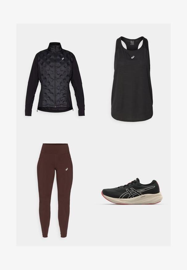 Melna jaka ar pūkainu, teksturētu priekšpusi un gludām piedurknēm. Iezīmē augsts apkakle un rāvējslēdzējs, paredzēta siltumam un elastībai.; Melns sporta bezdelīgs topiņš, izgatavots no viegla auduma. Iespējas ietver apaļu apkakli, sacīkšu muguras dizainu un mazu baltu logotipu priekšā.; Brūni legingi, kas izgatavoti no stiepjama auduma ar augstu jostasvietu, ar sānu kabatām un diskētu logo kreisajā augšstilbā.; Melnas sporta kurpes ar sietu augšpusi un baltām akcentu detaļām. Iekļauj mīkstinātu zoli un sarkanu zoles izcēlumu. Viegls dizains.