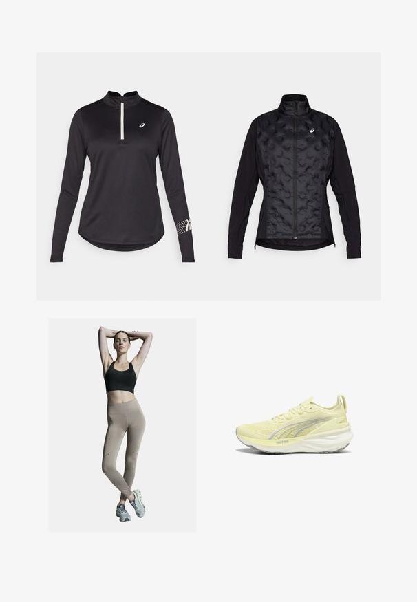 Čierna bunda s nadýchaným, textúrovaným predným dielom a hladkými rukávmi. Má vysoký golier a zips, navrhnutá pre teplo a flexibilitu.; Čierny dlhý rukáv športový top s polovičným zipsom, textúrovaná tkanina a bodkovaný vzor na pravom rukáve s akcentmi loga.; Čierny športový podprsenka a béžové legíny s vysokým pásom, so bočnými švami a akcentmi. Model má na sebe svetlošedé športové topánky s odpruženou podrážkou.; Svetložlté športové tenisky s textúrovaným zvrškom, šedými akcentmi a polstrovanou podrážkou. Majú šnurovací dizajn a pútko na päte.