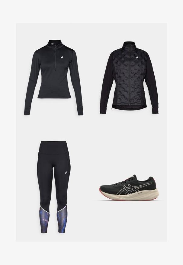 Zwarte jack met een puffy, gestructureerde voorkant en gladde mouwen. Beschikt over een hoge kraag en een ritssluiting, ontworpen voor warmte en flexibiliteit.; Zwarte sportieve top met lange mouwen, half-rits kraag, gestructureerde stof, slim fit en een logo op de borst en mouw. Beschikt over platte naden.; Hoge taille zwarte leggings met een aansluitend ontwerp, voorzien van een kleurrijke patroonaccent bij de onderbenen en witte rand langs de naden.; Zwarte hardloopschoen met een bovenwerk van mesh en witte accenten. Beschikt over een gewatteerde tussenzool en rode details op de buitenzool. Lichtgewicht ontwerp.
