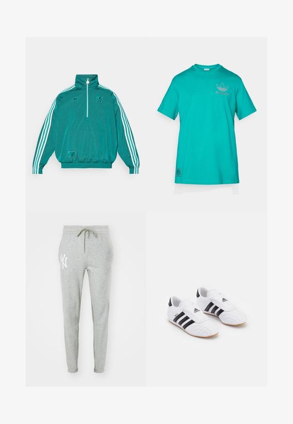 adidas Originals LIVERPOOL FC ICON HALF ZIP JACKET - Klubruházat - sea green; adidas Originals LIVERPOOL FC ICON GRAPHIC T-SHIRT - Klubruházat - sea green; Szürke melegítőnadrág, puha anyagból, keskeny fazonban. Jellemzője egy rugalmas derékpánt zsinórral és egy fehér logónyomtatás a bal combon.; Fehér sportcipő fekete csíkokkal, velúrszerű textúrával, kerek orral és tépőzáras pánttal. Gumi talp a tapadásért.