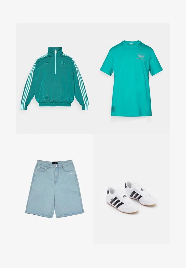 adidas Originals LIVERPOOL FC ICON HALF ZIP JACKET - Klubska moštva - sea green; adidas Originals LIVERPOOL FC ICON GRAPHIC T-SHIRT - Klubska moštva - sea green; Svetlo modri denim kratke hlače s sproščenim krojem, ki imajo pet žepov, sprednje zapiranje na gumb in majhno belo besedilo logotipa na levi nogi.; Bele športne čevlje v beli barvi z črnimi črtami, ki so narejeni iz materiala podobnega usnju, imajo okroglo konico in Velcro zapenje. Guma podplat zagotavlja oprijem.